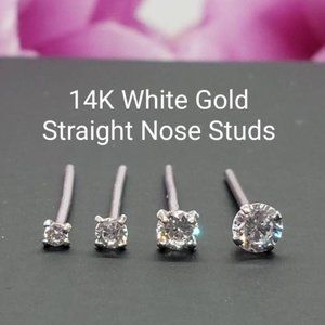 14K Solid White Gold , Straight Bar Nose Stud 20GA